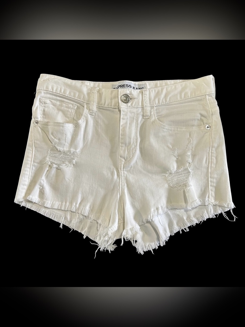 Express White Denim Jean Shorts Women’s 2 Cut Off Distressed Frayed Hem